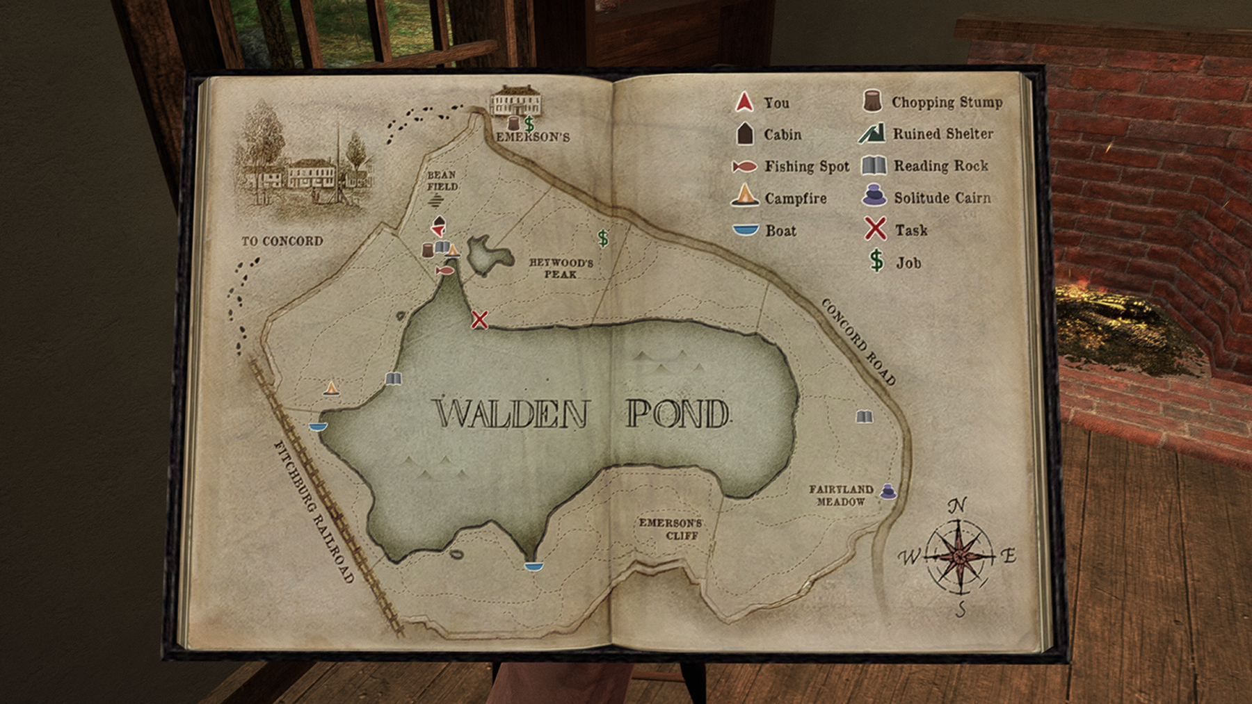 Illustrated map of Walden Pond. Credit: Walden, a game screenshot, Copyright 2017-2021 Tracy Fullerton and the Walden Team