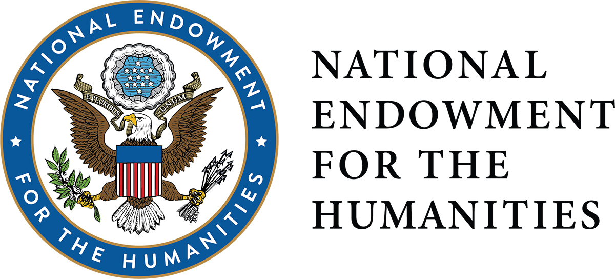 National Endowment for the Humanities logo seal. Illustration of an eagle clutching an olive branch and arrows. An American flag is over the Eagle's body.