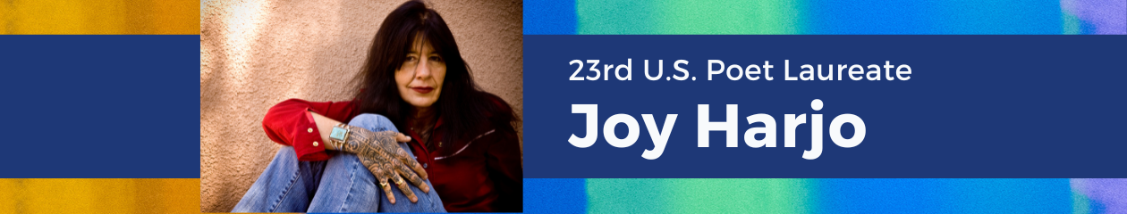 Joy Harjo banner with a photo of Harjo wearing red, sitting down